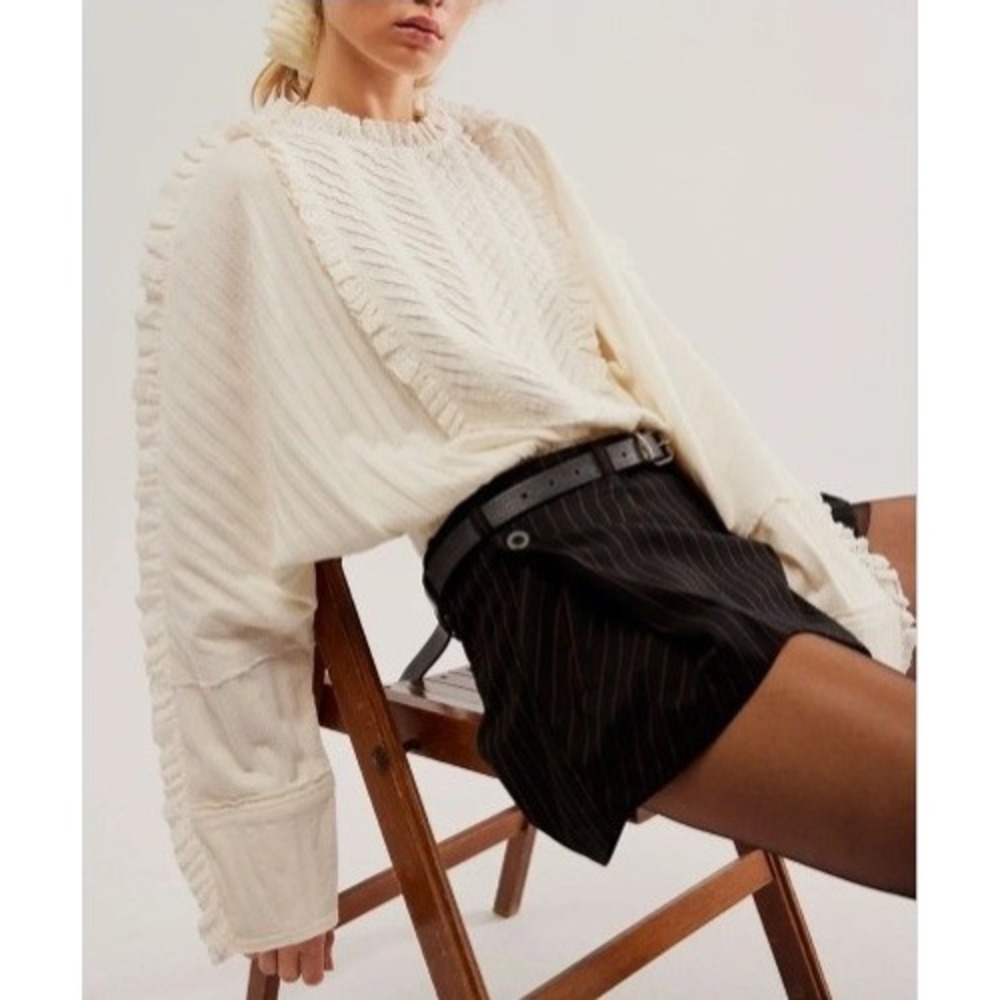 Free People More Romance Top Women Medium Cream Ruffle Lace Ribbed Boho EUC